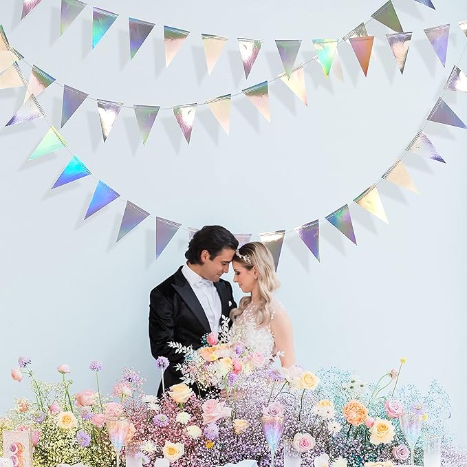 40Ft Iridescent Party Decorations Holographic Hanging Triangle Pennant Banner Flag Bunting Garland for Graduation Birthday Anniversary Engagement Wedding Bridal Baby Shower Disco Hen Party Supplies