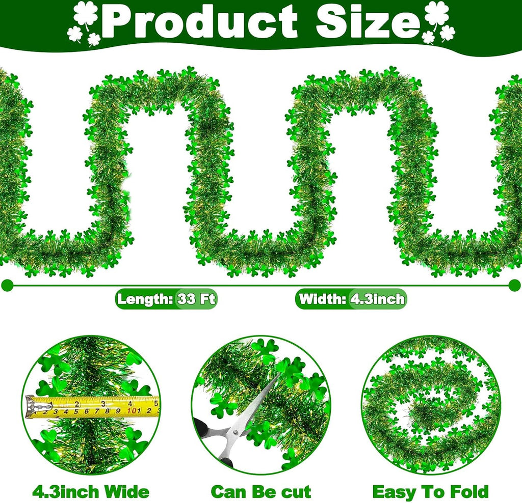 TURNMEON 33 Ft St. Patrick's Day Tinsel Garland Decorations Green Gold Shamrock Garland Clover Metallic Streamer Hanging St Patricks Day Decorations for Home Indoor Outdoor Irish Party Supplies