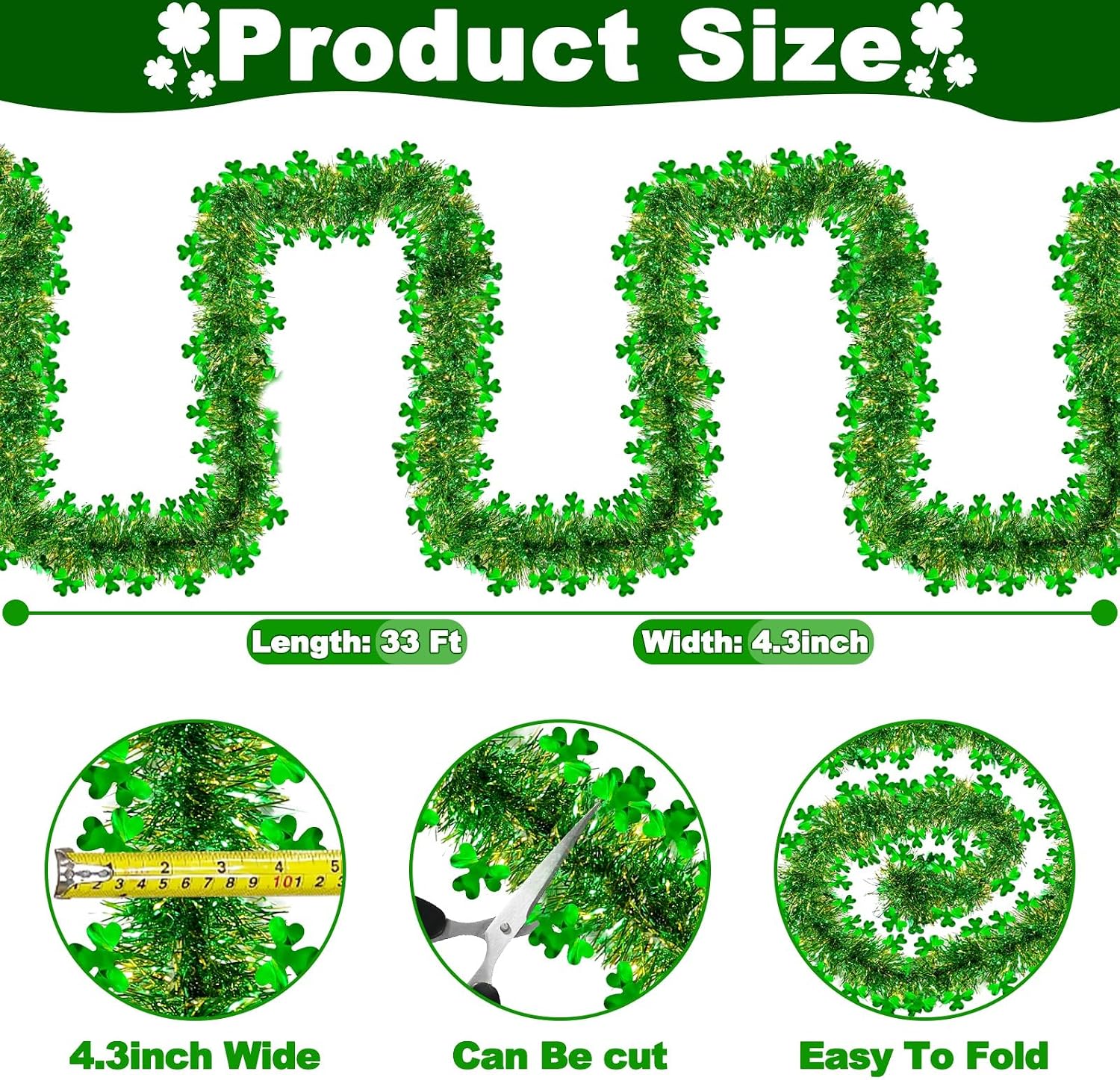 TURNMEON 33 Ft St. Patrick's Day Tinsel Garland Decorations Green Gold Shamrock Garland Clover Metallic Streamer Hanging St Patricks Day Decorations for Home Indoor Outdoor Irish Party Supplies