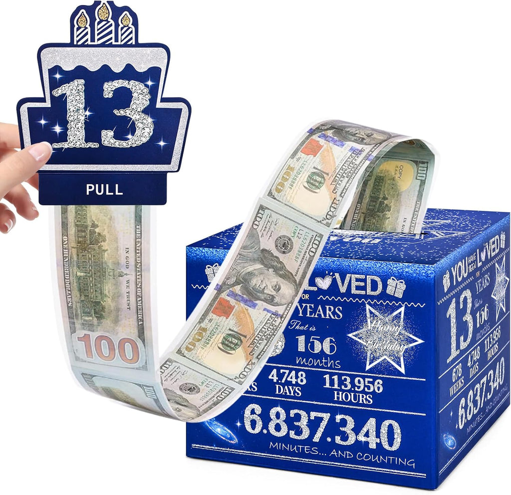 13 Happy Birthday Money Box for Cash Gift, 13th Birthday Decorations for Boys and Girls, Gifts for 13 Year Old Boy, Boy Gift Ideas, Cool Things for Teen -Blue with 100PCS Bags