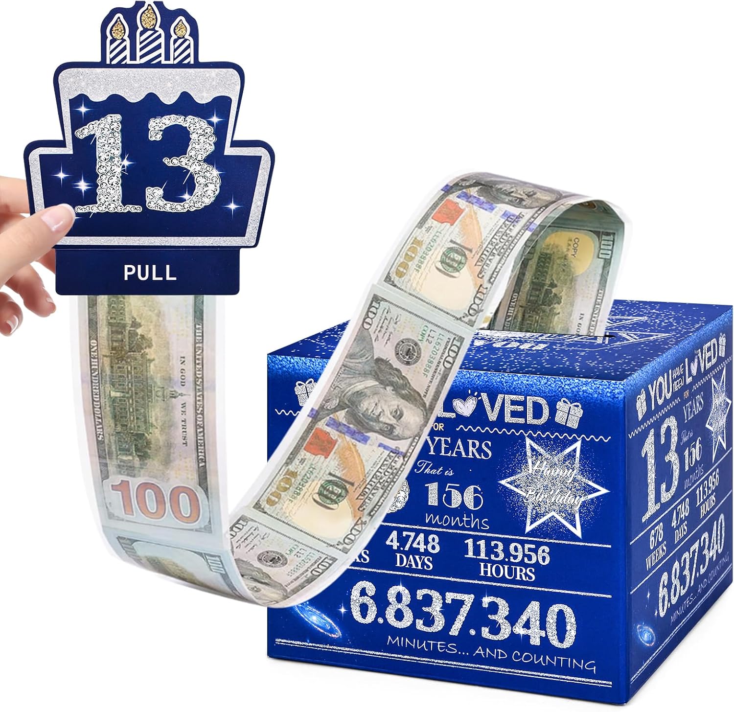 13 Happy Birthday Money Box for Cash Gift, 13th Birthday Decorations for Boys and Girls, Gifts for 13 Year Old Boy, Boy Gift Ideas, Cool Things for Teen -Blue with 100PCS Bags