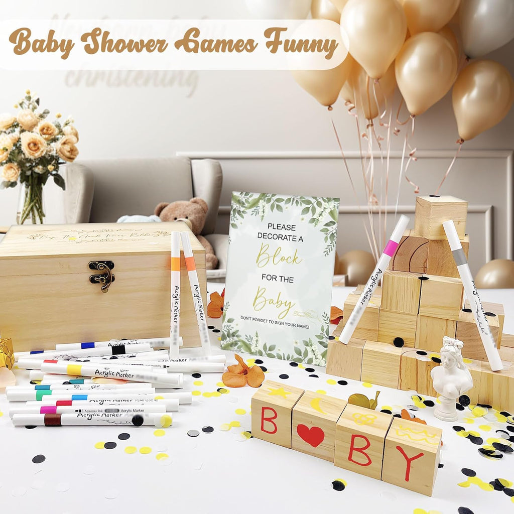 EIGTWEN 78 PCS Fun Baby Shower Games Sign Kit, Baby Blocks for Baby Shower | Blank Wooden Blocks, Games for Guest, Funniest Games Ever, Suitable for Boy and Girls, Fun Activities and Ideas
