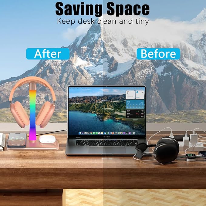 Headphone Stand with Wireless Charger,Gaming HeadsetStand with RGB Light Mode,Airpod MaxStand Compatible with Airpod Pro/3/2,iPhone 16/15/14/13/12/11,Samsung,Gifts for Gamers & Music Lover (Gold)