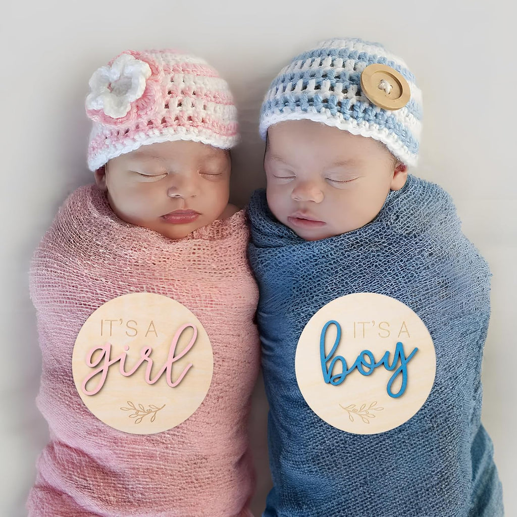 Gender Reveal Sign for Baby Birth: 3Pcs It's A Boy Girl & Hello World Announcement Sign for Hospital - Wooden Newborn Welcome Board for New Boys and Girls