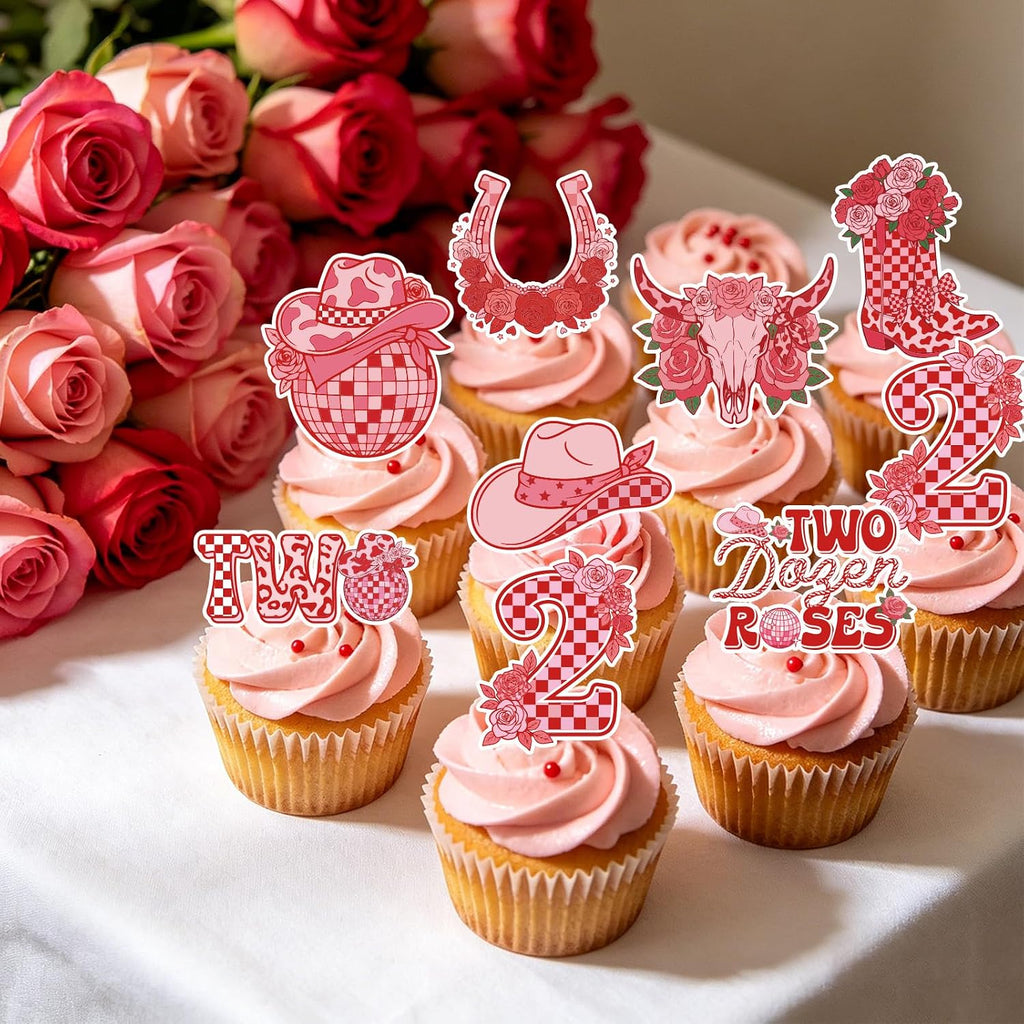 Two Dozen Roses 2nd Birthday Theme Decorations, 40PCS 2nd Birthday Cupcake Toppers Party Decorations for Girl, Pink Floral Western Cupcake Picks Table Decor Supplies