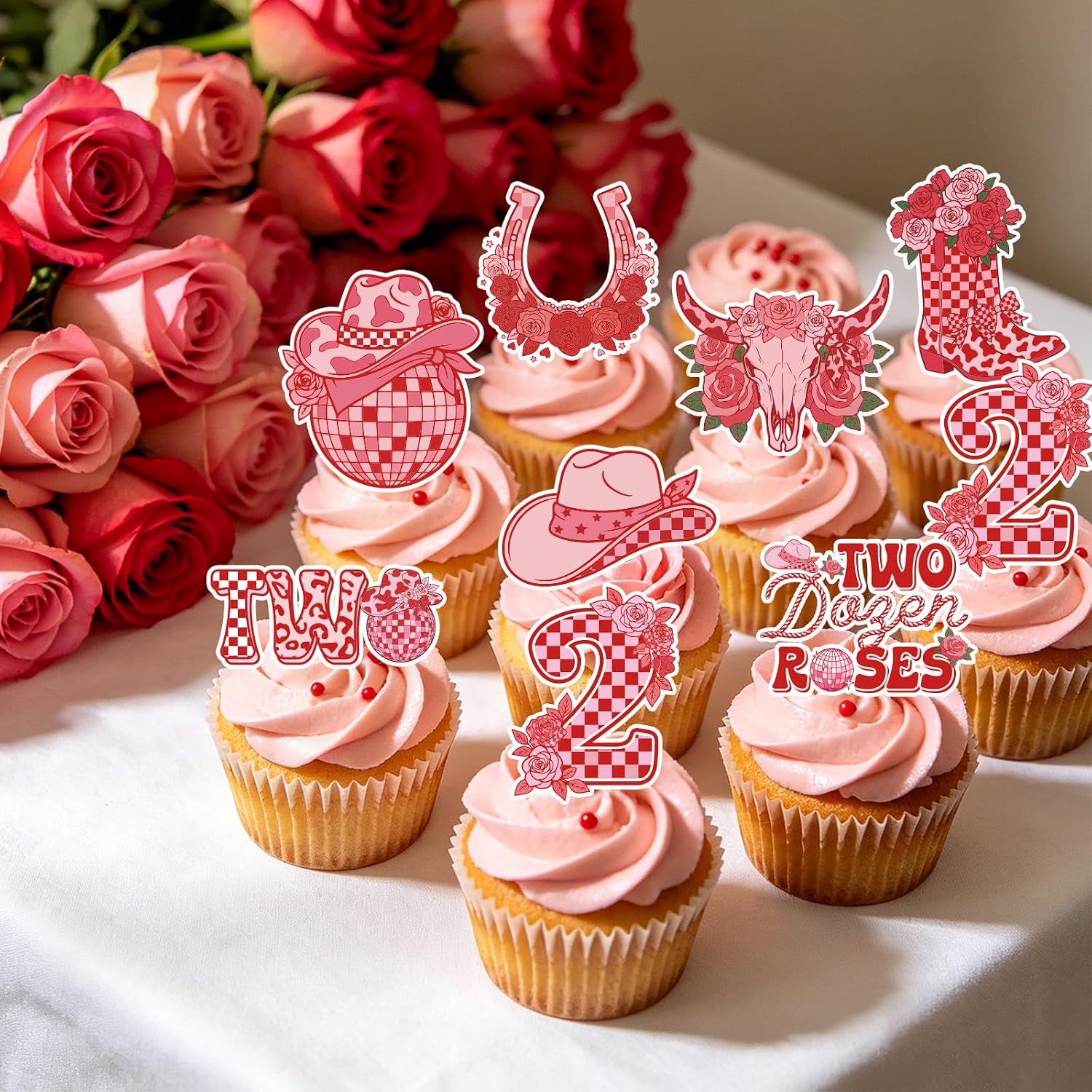 Two Dozen Roses 2nd Birthday Theme Decorations, 40PCS 2nd Birthday Cupcake Toppers Party Decorations for Girl, Pink Floral Western Cupcake Picks Table Decor Supplies