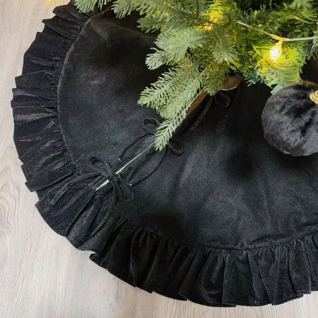 Velvet Christmas Tree Skirt Black 60 inch Ruffled Holiday Tree Skirt for Rustic Xmas Tree Decoration