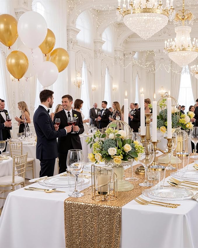 Nervure 350PCS Clear Gold Plastic Plates - Gold Plastic Dinnerware Sets for 50 Guests - 100 Disposable Plates, 150 Silverware, 50 Cups, 50 Napkins for Wedding & Party & Thanksgiving