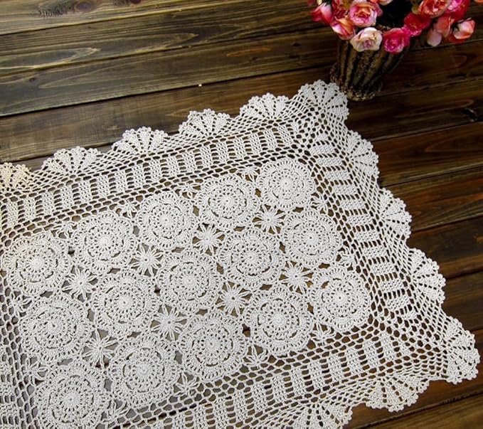 Cotton Handmade Crochet lace Table Runners Rectangular Tablecloth Doilies Doily Table Dresser Scarf Décor,19x35Inch,White