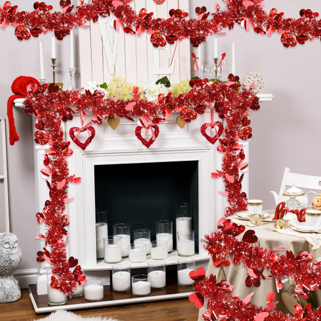 TURNMEON 49.2 Feet 6 Strings Valentines Heart Tinsel Garland Valentine Decor Twist Metallic Hanging Red Garland Valentines Tree Decoration Indoor Outdoor Wedding, Each 8.2Ft by 4.3 Inch