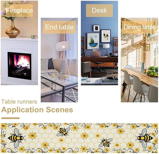 Bee Sunflower Table Runner, Farmhouse Orange Honeycomb Vintage Spring Summer Flowers Print Table Cover for Party Wedding Home Kitchen Dining Table Decor, 13x70inch