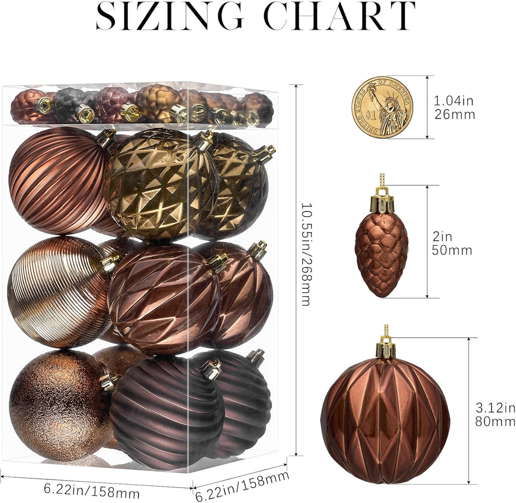 JORNOY Brown Christmas Tree Ornaments - 3.12inch/80mm Shatterproof Ornaments for Christmas Tree Set Plastic Decorative Hanging Balls Ornaments for Xmas Tree Decorations, 32ct (Brown)
