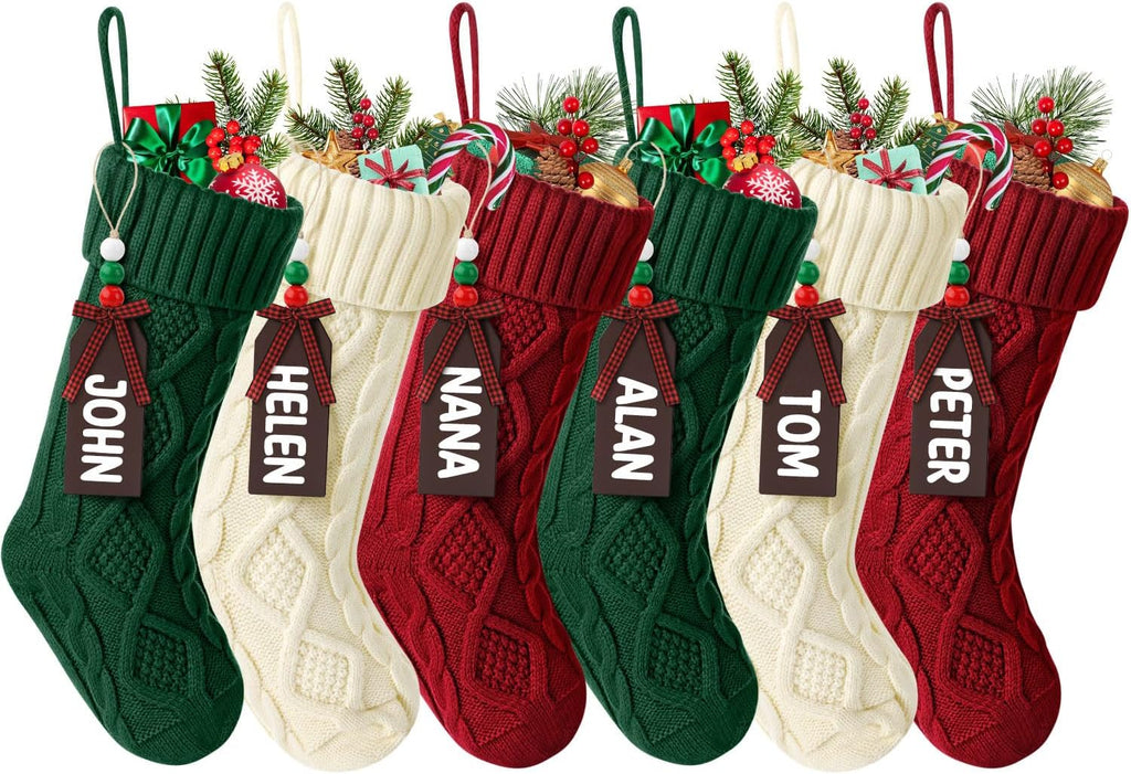 Hommtina Christmas Stockings, Personalized Christmas Stockings 18 Inches Large Size Cable Knitted Stocking Gifts (6pcs White&red&Green)