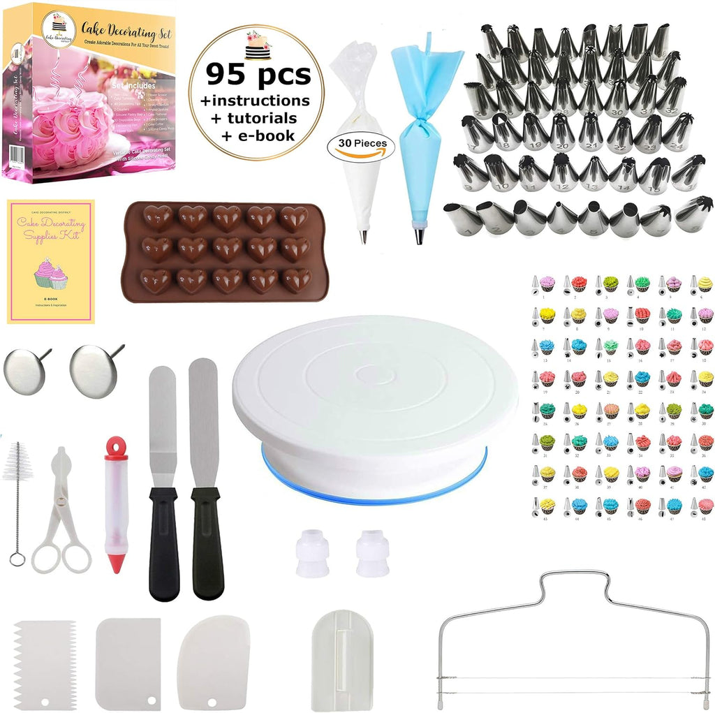 95 pcs Cake Decorating Supplies Kit by Cake Decorating District - includes 48 Icing Tips - Silicone Pastry Bag and Disposable Bags - Spatula Scraper Cutter - Turntable - Silicone Chocolate Candy Mold