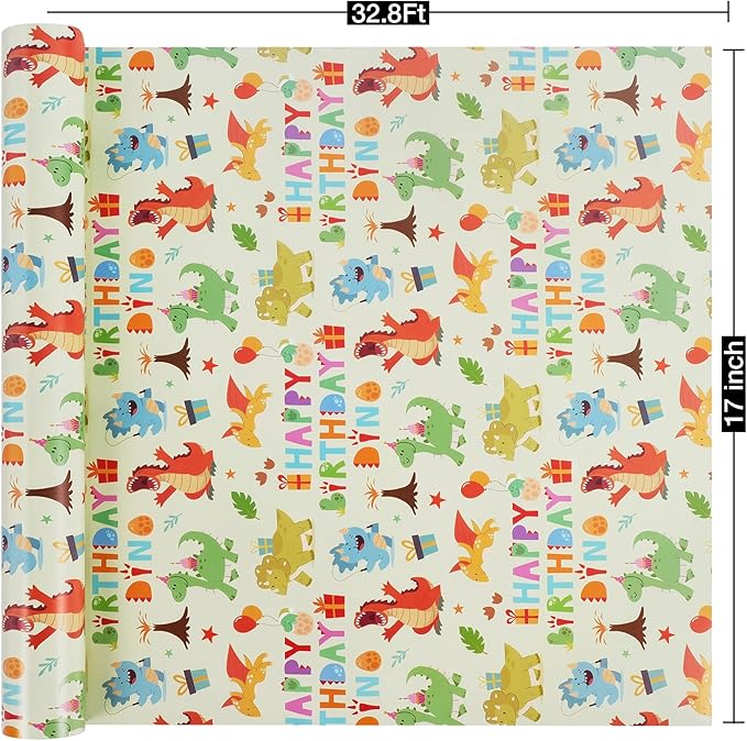 Aimyoo Dinosaur Birthday Wrapping Paper Roll - 17 Inch X 32.8 Feet - Green Happy Birthday Dino Pattern Gift Wrap Paper for Boys Party, Baby Shower, Holiday