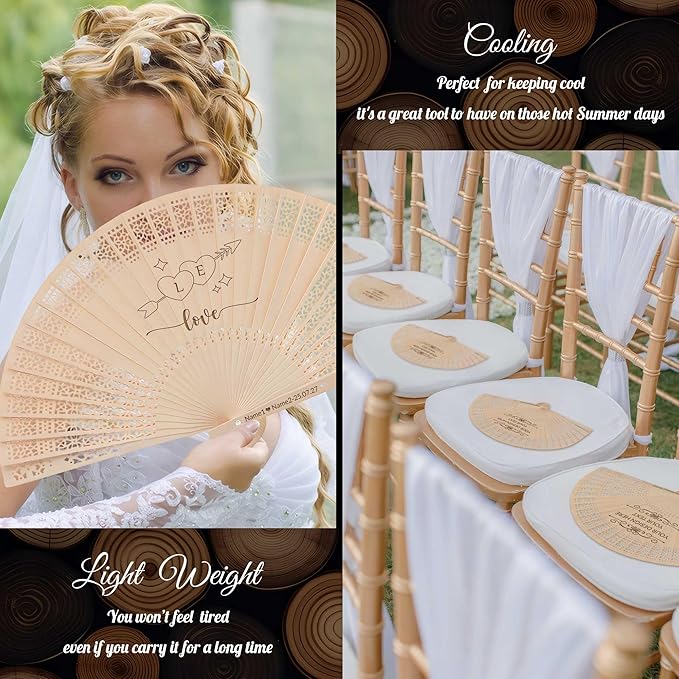 10 PCS Custom Fans Personalized Folding Fans for Line Dancing Wooden Hand Fan Wedding Favors Bulk Fans for Guests Party Event Use (Style05)