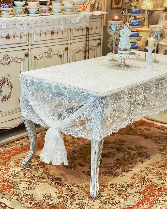 LuoluoHouse 2 Pack 60 x 120 Inch White Lace Rustic Table Cloths Vintage Farmhouse Table Fabric Wedding Outdoor Chic Decoration Embroidered Rectangle Table Linen