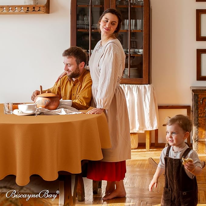 Biscaynebay Fall Tablecloth Textured Fabric Round Tablecloths 70", Bronze Thanksgiving Autumn Harvest Water Resistant Fabric Tablecloths for Kitchen, Dining, Wedding, Parties Machine Washable