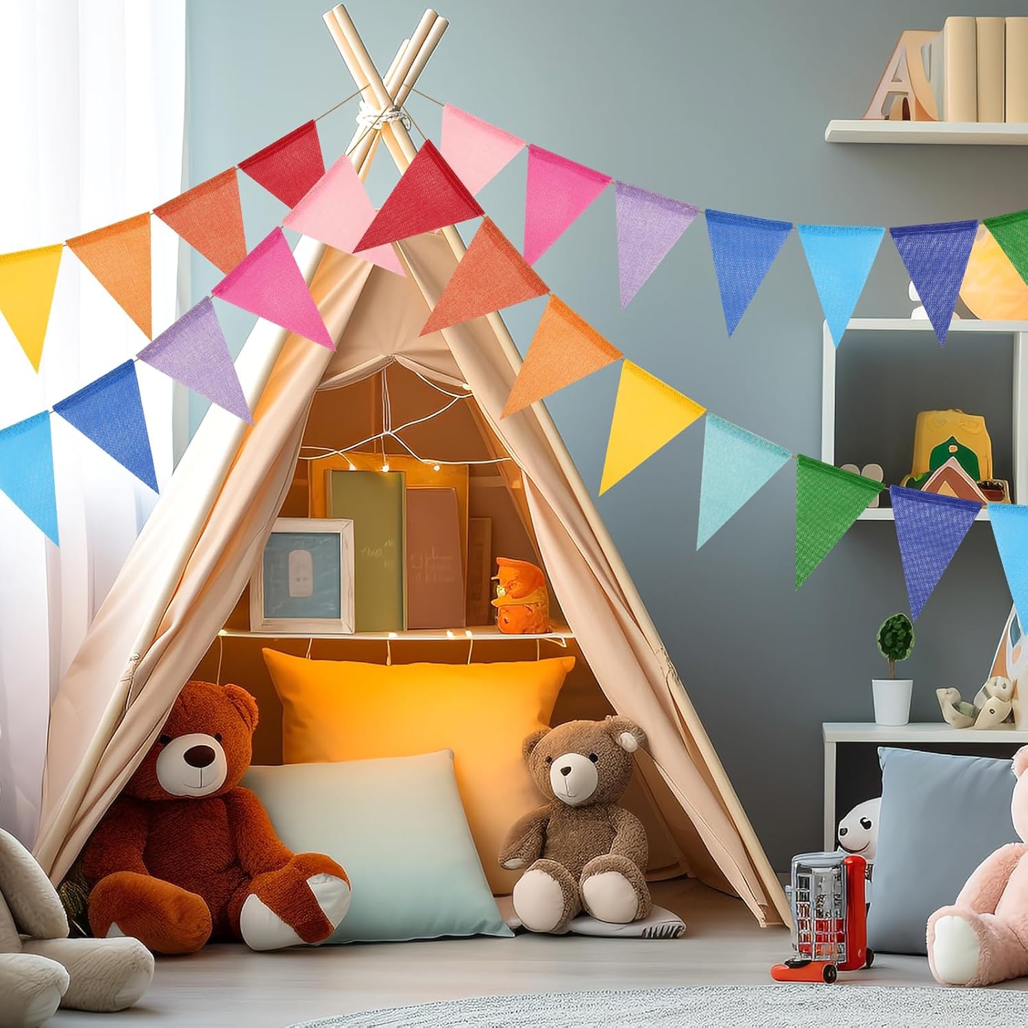 G2PLUS Pre-Strung Burlap Pennant Banner, 39Ft Rainbow Triangle Flag Bunting, 36pcs Pennant Banner Flags Garland for Birthday, Holidays and Theme Party Decorations