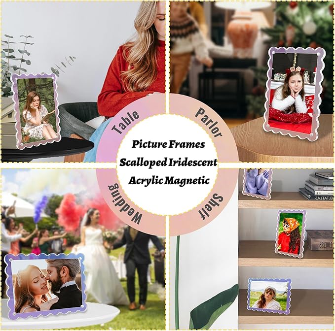 Acrylic Picture Frames 3 Pack 5x7 inch Scalloped Iridescent with Detachable Stand, Vertical and Horizontal Tabletop Display, Magnetic Photo Frames for Café/Home/Party/Wedding