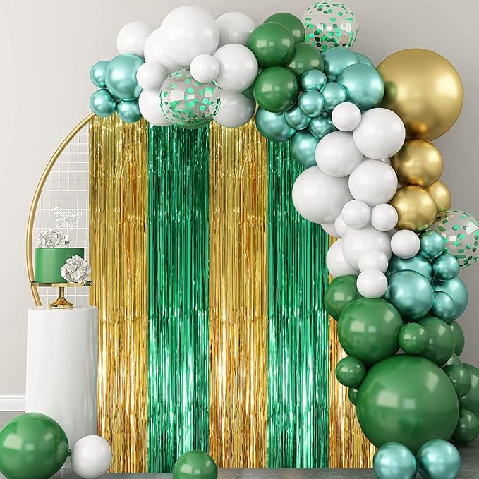 2 Pack Green and Gold Foil Fringe Backdrop Curtains, Tinsel Streamers Party Decorations, Fringe Backdrop, Door Shimmer for Graduation or Birthday Party