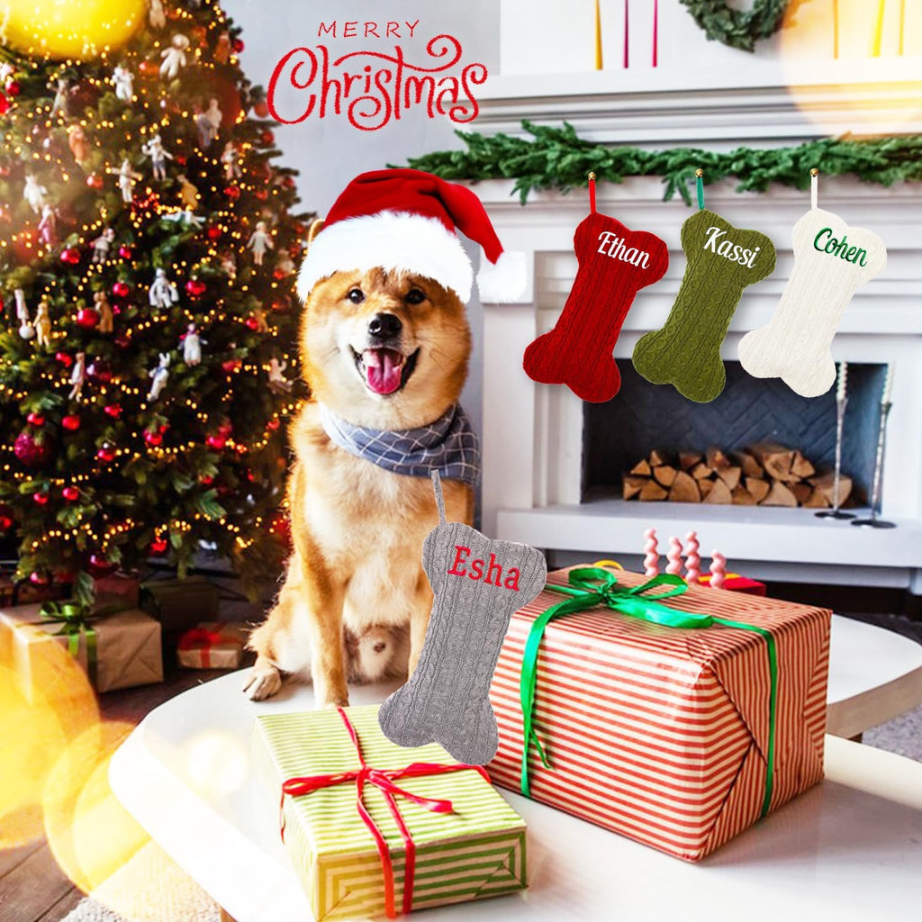 Personalized Pet Christmas Stocking,18 inch Custom Name Knit Christmas Stockings for Dog，Large Bone Xmas Stockings (Set of 1)