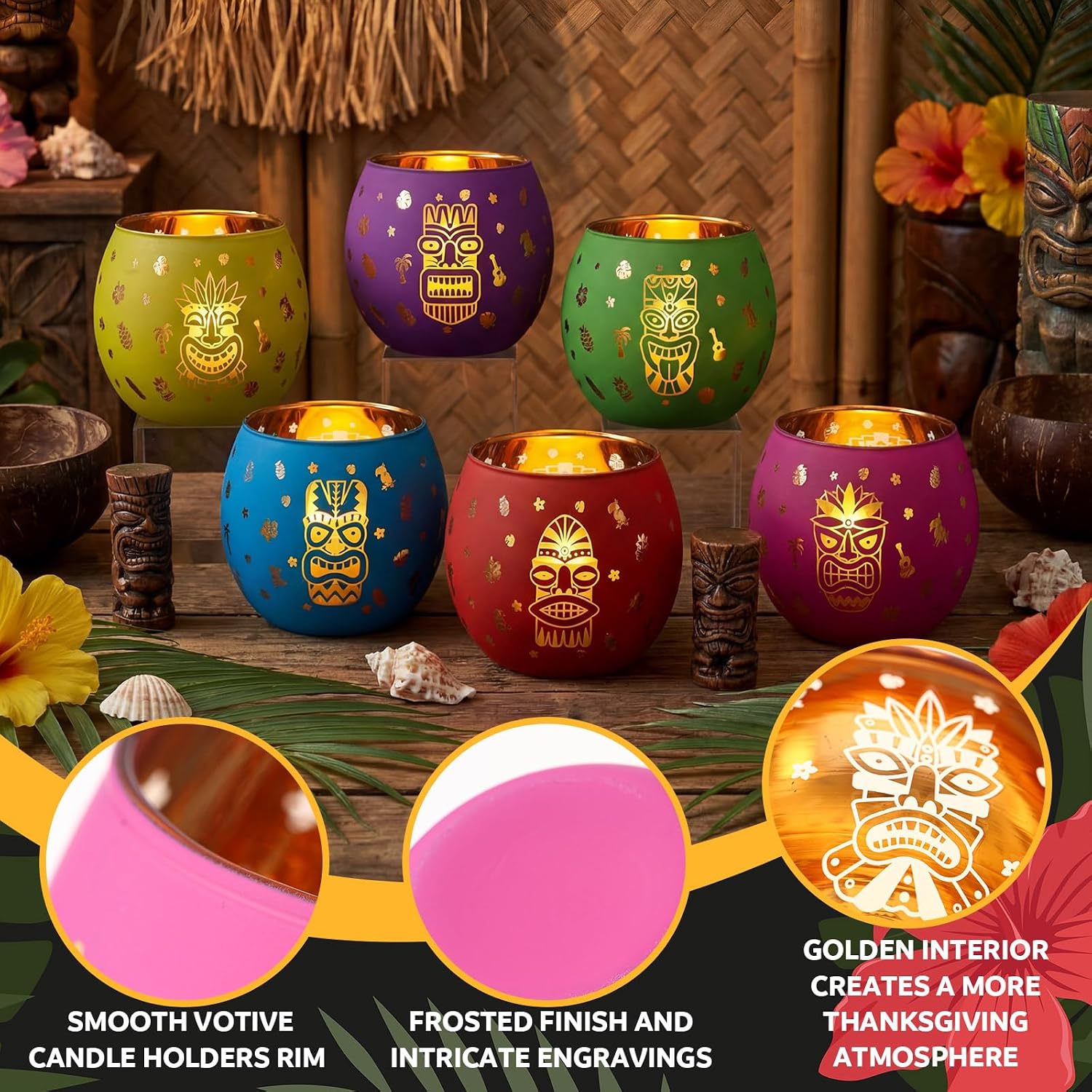 Jingmore 6 Pcs Hawaiian Luau Party Decoration Tiki Votive Candle Holder Tiki Torches Glass Candle Holder Tropical Flower Tealight Holders with 6 Laser Engraving Pattern for Hawaiian Aloha Summer Party