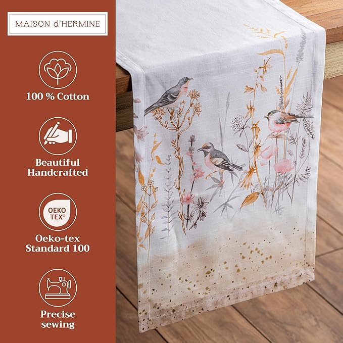 Maison d' Hermine Table runner 100% Cotton Single Layer Table Runners 72 inches long Decorative for Home Kitchen Dining Party Wedding Bridal Shower Spring Summer (Meadow Florals - Beige, 14.50" x 72")