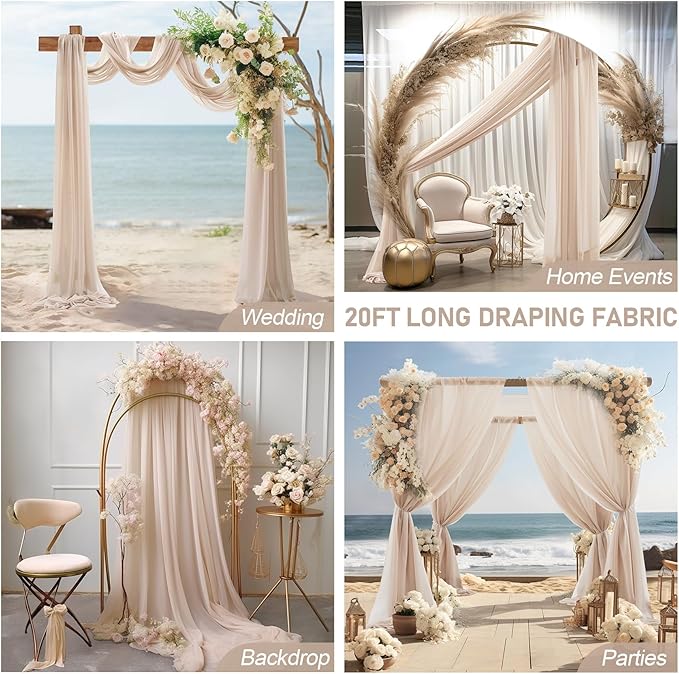 30" x 20Ft Wedding Arch Draping Fabric, 3 Panels Dark Champagne Sheer Curtain Drapes Extra Wide & Long Backdrop Curtains for Wedding Arch Ceremony Birthday Party Decorations
