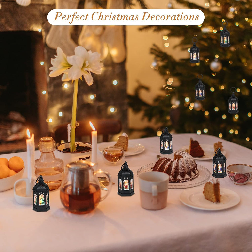 LLQ 12Pcs Christmas Decorations Mini Lanterns with Xmas Pattern & Flicker LED Candles, Vintage Christmas Centerpieces, Black Lantern Decorative, Small Candle Holder for Holiday Party Table, Ornaments