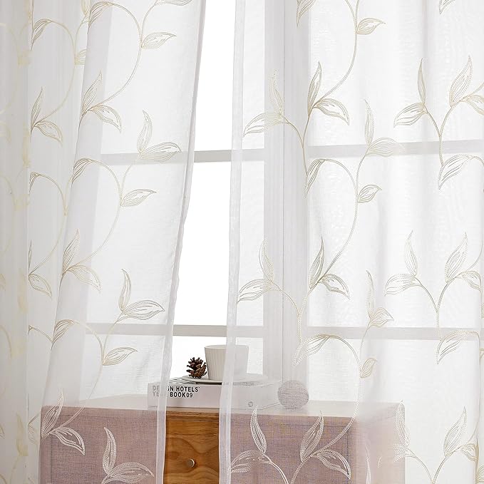 VISIONTEX Sheer Curtains 63 inch Length 2 Panels Set, White Voile Crushed Cream Vine Leaves Embroidery, Rod Pocket Embroidered Window Drapes for Living Room and Bedroom, 54" x 63"