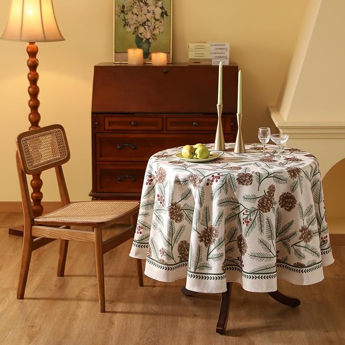 ISAENNE Designer Christmas Beige Linen Small Round Tablecloth,Pinecones Pattern Indoor Tablecloths,Washable Decor Table Cloth for Dining Thanksgiving Kitchen Christmas,Diameter 55"-Carol B