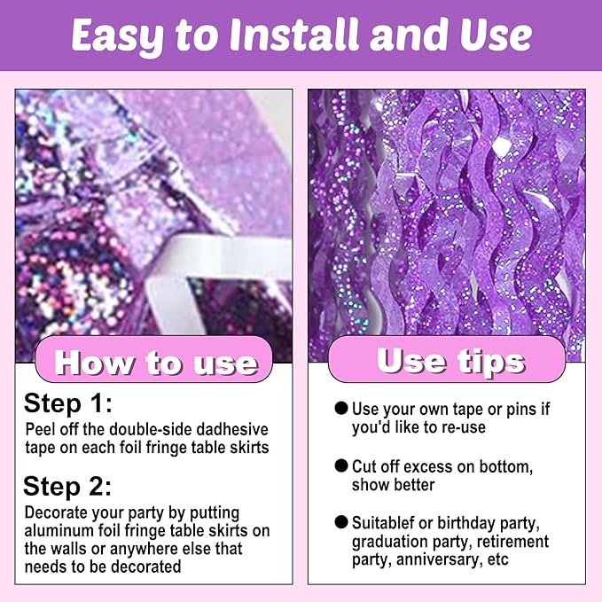 6 Pack 29x108 Inch Light Purple Wave Foil Fringe Table Skirts Metallic Banner for Tinsel Streamer Garland Backdrop for Parade Floats Mother's, Graduate, Mardi Gras, Birthday, Wedding Party Decorations