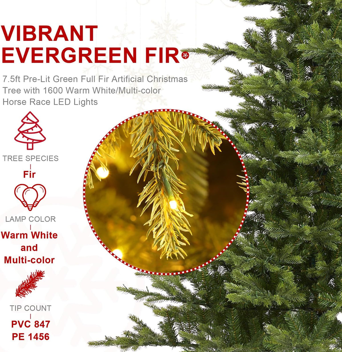 Glitzhome Prelit Christmas Tree, 7.5ft Green Full Christmas Tree Vibrant Ever...