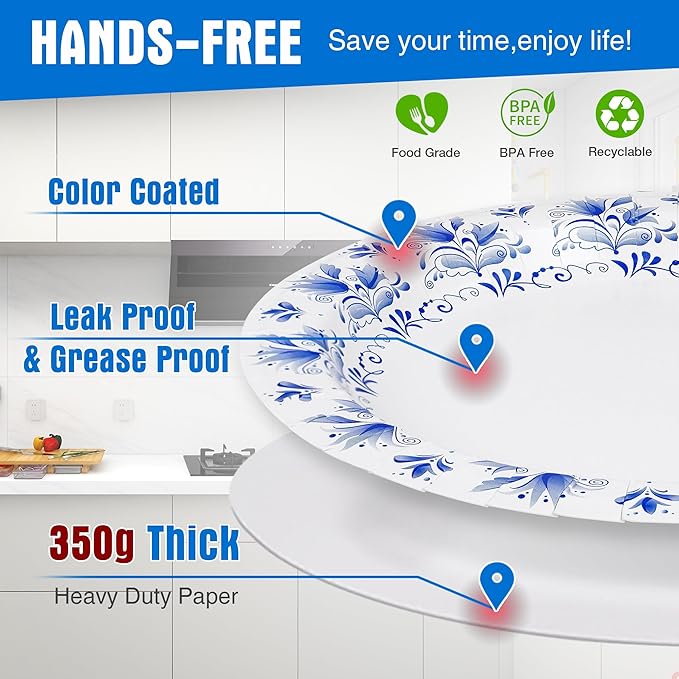Charmount Large Paper Plates, 100pcs Disposable, Blue Flower Printed, Soak & Cut Proof for Parties & Daily Use