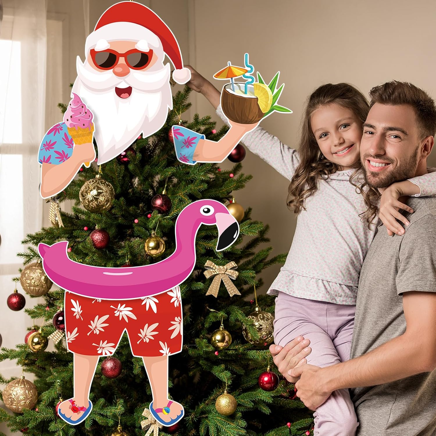 Watersay Christmas Tree Topper Hawaii Christmas Decoration Summer Santa Claus Tree Topper Flamingo Ice Cream Coconut Head Arms and Legs Xmas Ornament Decor for Home Party Supplies