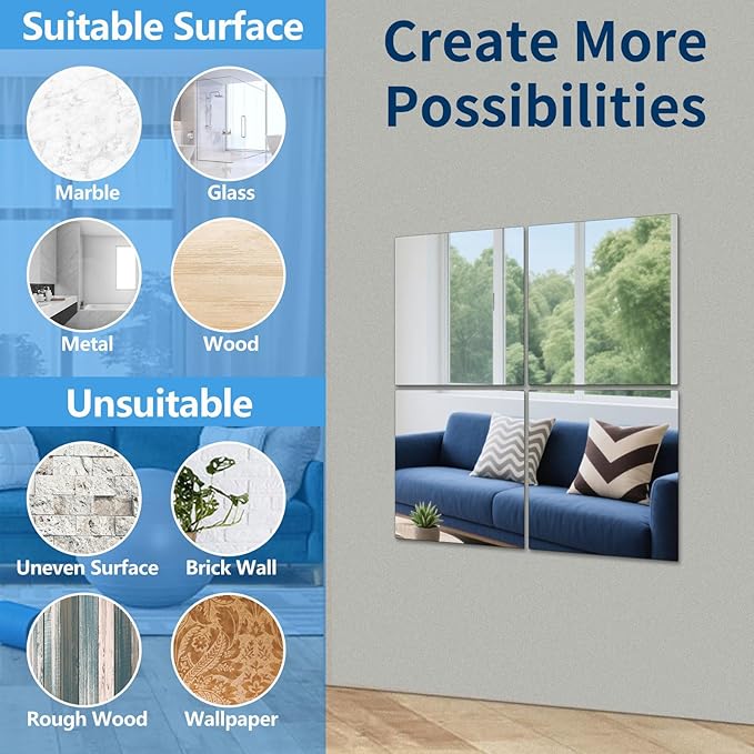 Unbreakable Acylic Small Mirror Tiles for Kids, (4-Pcs 11.5x11.5 Inch) Plastic Mirrors for Wall, Stick on Mirrors for Wall Decor, Shatterproof Mirror for Kids Bedroom
