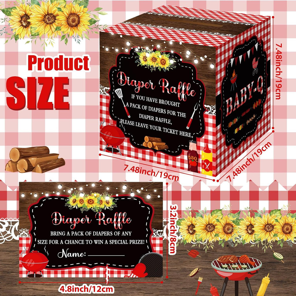 Teling 51 Pieces Diaper Raffle Tickets with Card Box Baby Shower Decorations Gender Reveal Holder Box for Girl Boy Diaper Raffle Party (BBQ Style)