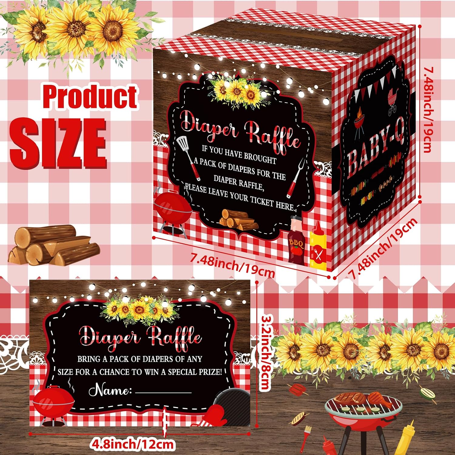 Teling 51 Pieces Diaper Raffle Tickets with Card Box Baby Shower Decorations Gender Reveal Holder Box for Girl Boy Diaper Raffle Party (BBQ Style)