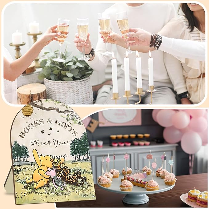 Winnie Books and Gifts Sign, Classic Winnie Thank You Wooden Sign, Bridal Shower Baby Shower Favors, Cute Aniamls Decor Thank You Sign with Stand for Baby Shower Party 8 * 10IN