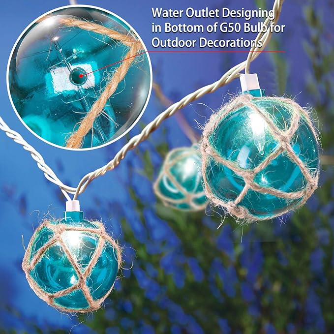 Nautical String Lights, Beach Theme Float Lights Set of 10 Blue G50 Beach String Lights for Ocean Themed Decor,Fishing Fairy Lights Adding Flare of Coast Room Decor