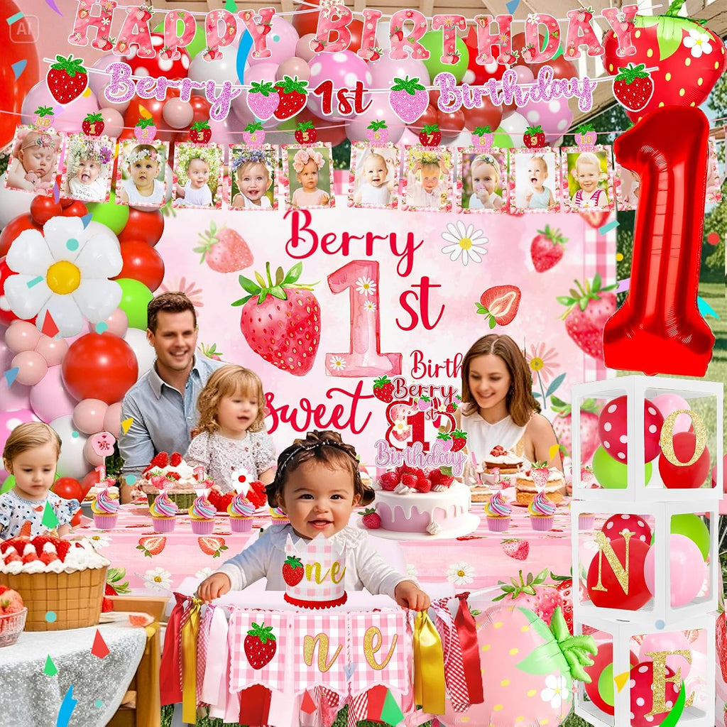 Strawberry first Birthday Decorations for Girls Berry Sweet One Strawberry 1st Birthday Decor Party Supplies include Photo Banner Highchair Banner Crown Balloon Boxes Backdrop Tableware Set