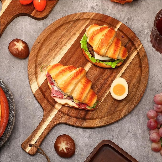 Pizza Boards with Handle 14 inch,Pizza Cutting Board Set of 6,Acacia Wood Pizza Peel 14 inch,Pizza Serving Tray Wood,Wooden Pizza Paddle Round,Small Charcuterie Boards for Cheese,Bread & Meat