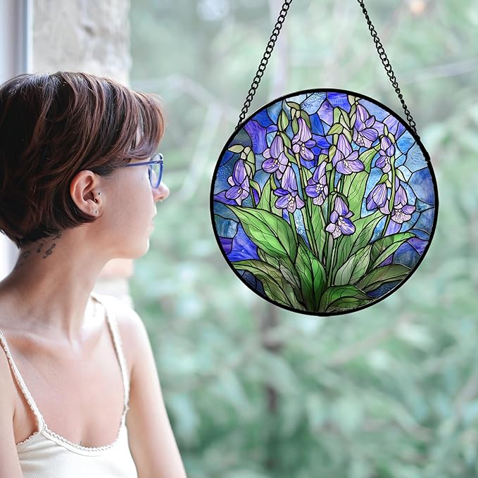Stained Glass Suncatcher, Blue Purple Flowers Green Leaves Sun Catcher Plants Stain Glass Window Hanging Decoration Mother's Day Birthday Gifts for Women Men Mom and Nana 7.8 in