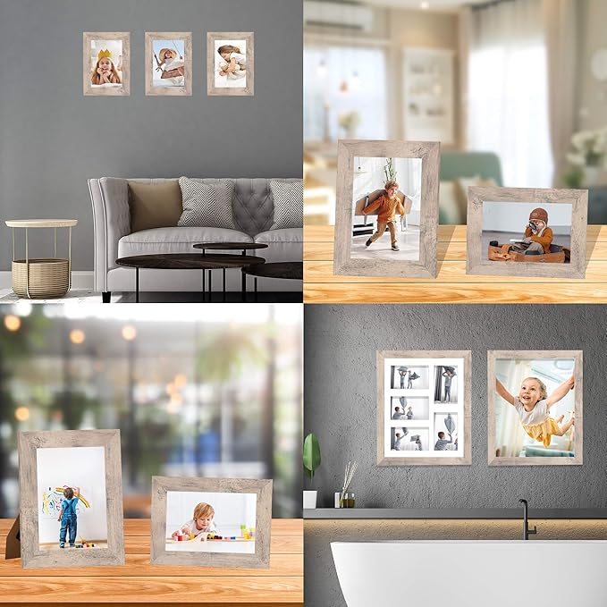 5x7 Picture Frame Set of 4, Smoke Gray Frame with High Definition Glass, 5 x 7 Wood Photo Frames for Tabletop Display and Wall Mounting