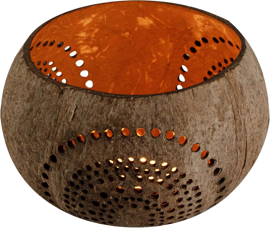 Restaurantware-Coco Casa 4 x 3.3 Inch Coconut Shell Candle Holders, 1 Reusable Tealight Holders - Candle Not Included, Rainbow Pattern, Tan Coconut Bowls for Candles, Handcrafted