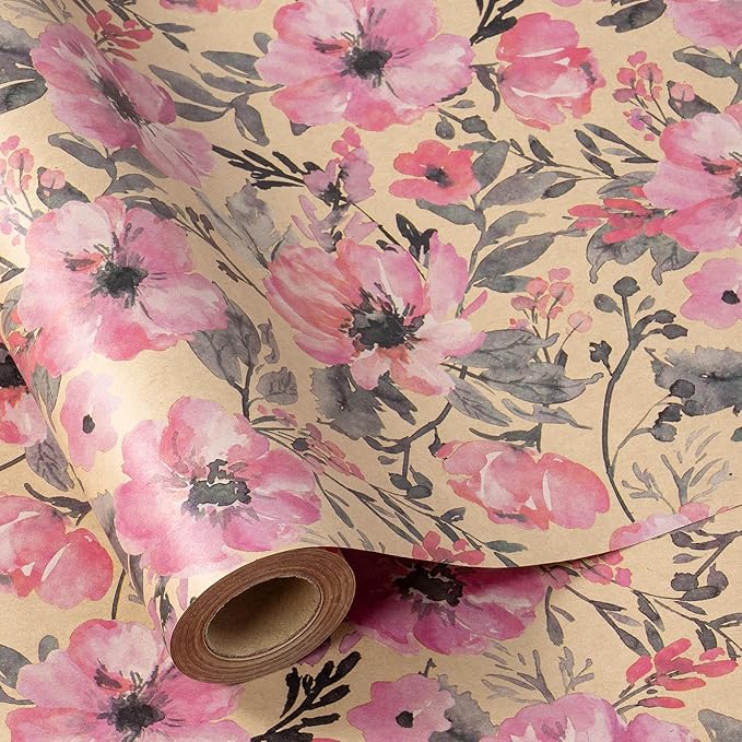 RUSPEPA Pink Wrapping Paper Roll, 17 in x 16.4 ft, Mini Roll, Floral Wrapping Paper, Kraft Gift Flower Paper for Women, Girls, Spring, Summer, Wedding and Engagement