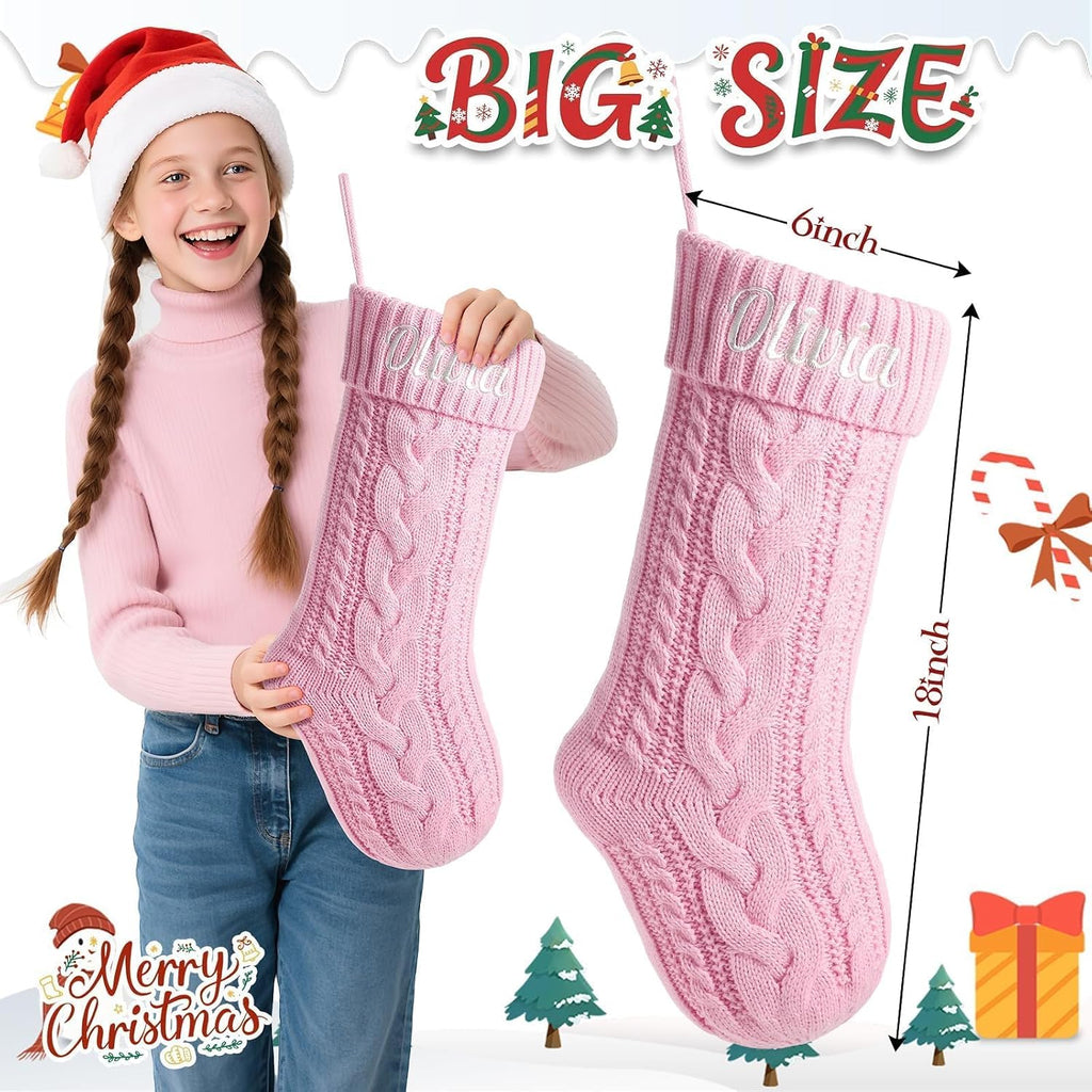 Personalized Christmas Stockings with Christmas Cards,Custom Embroidered Name Monogram Christmas Stocking for Baby Kids Girl Family,18" Large Pink Knit Xmas Stockings for Fireplace Decor