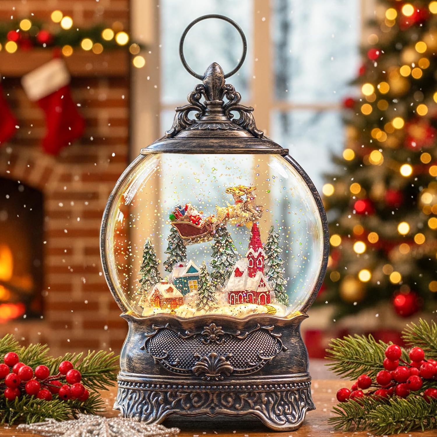 Christmas Snow Globe Lantern with Santa Claus Flying Reindeer, Lighted Swirling Glittering Snow Globes with Music & Timer, Christmas Decorations for Home Tabletop Indoor Gifts