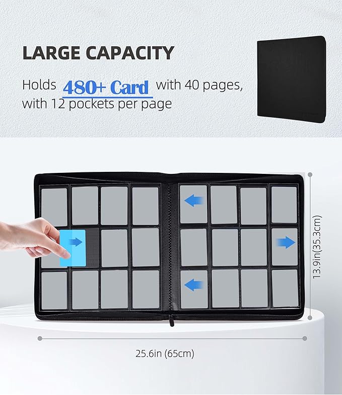 12 Pockets Premium Card Binder 480 Cards Trading Card Binders Side Load Card Storage Display Album(12 Pocket 480 Card Slot,Black)